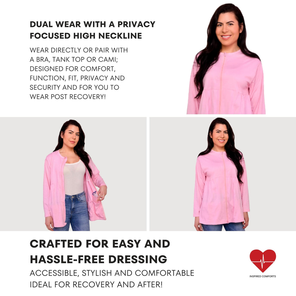 Internal drainage tube fasteners on Inspired Comforts Mastectomy Shirt securing tubes