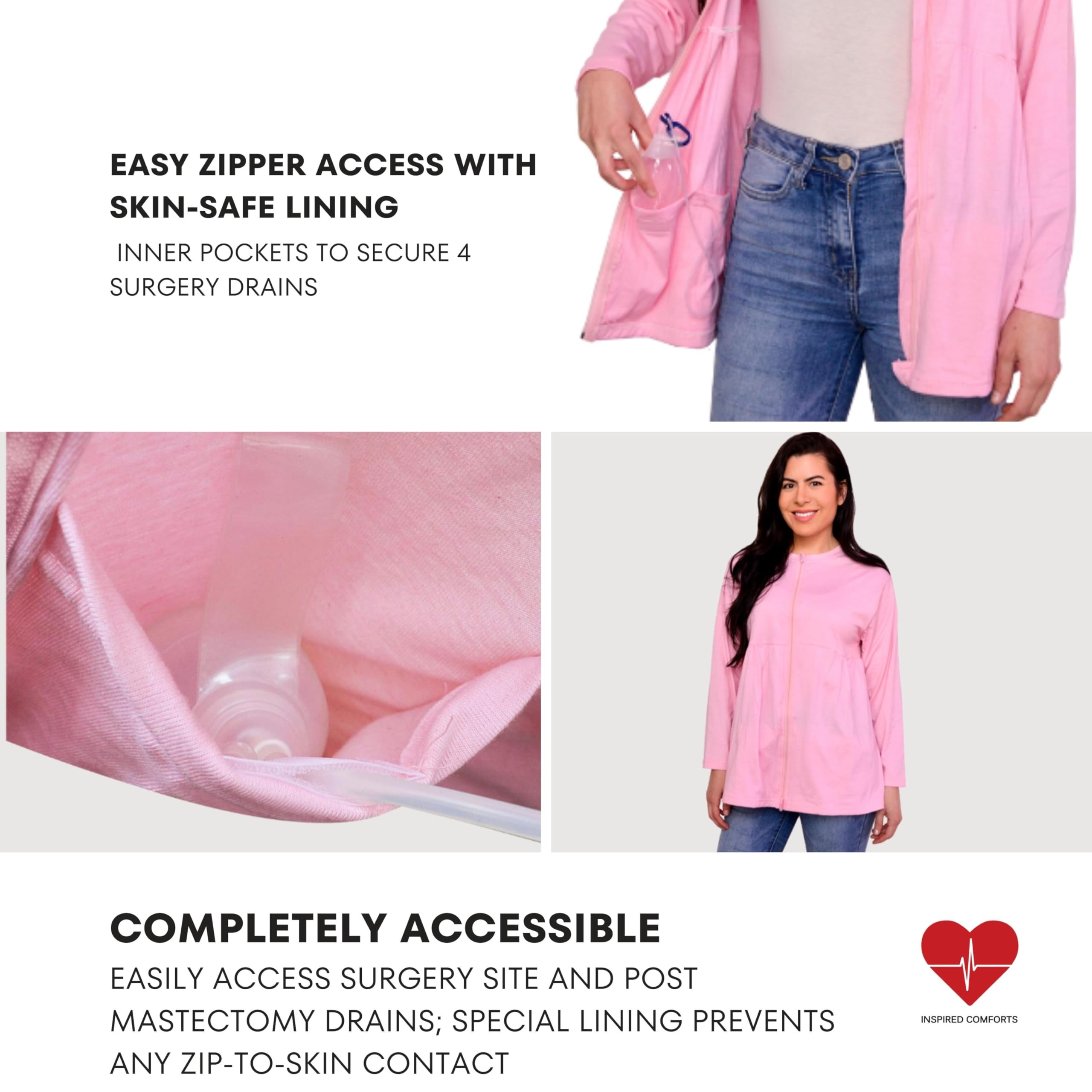 Close-up of the pink drainage pocket shirt showing ZIP closure for easy drain access