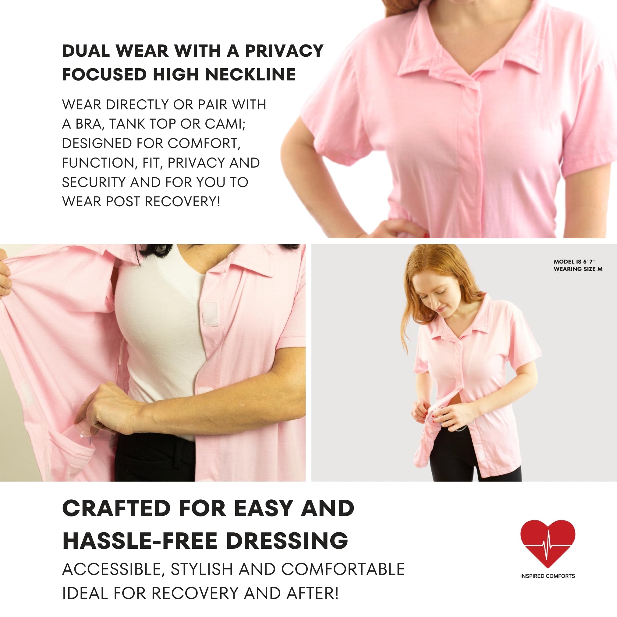 Inspired Comforts pink post-op top with drain strap system, secure tubes to prevent tangling