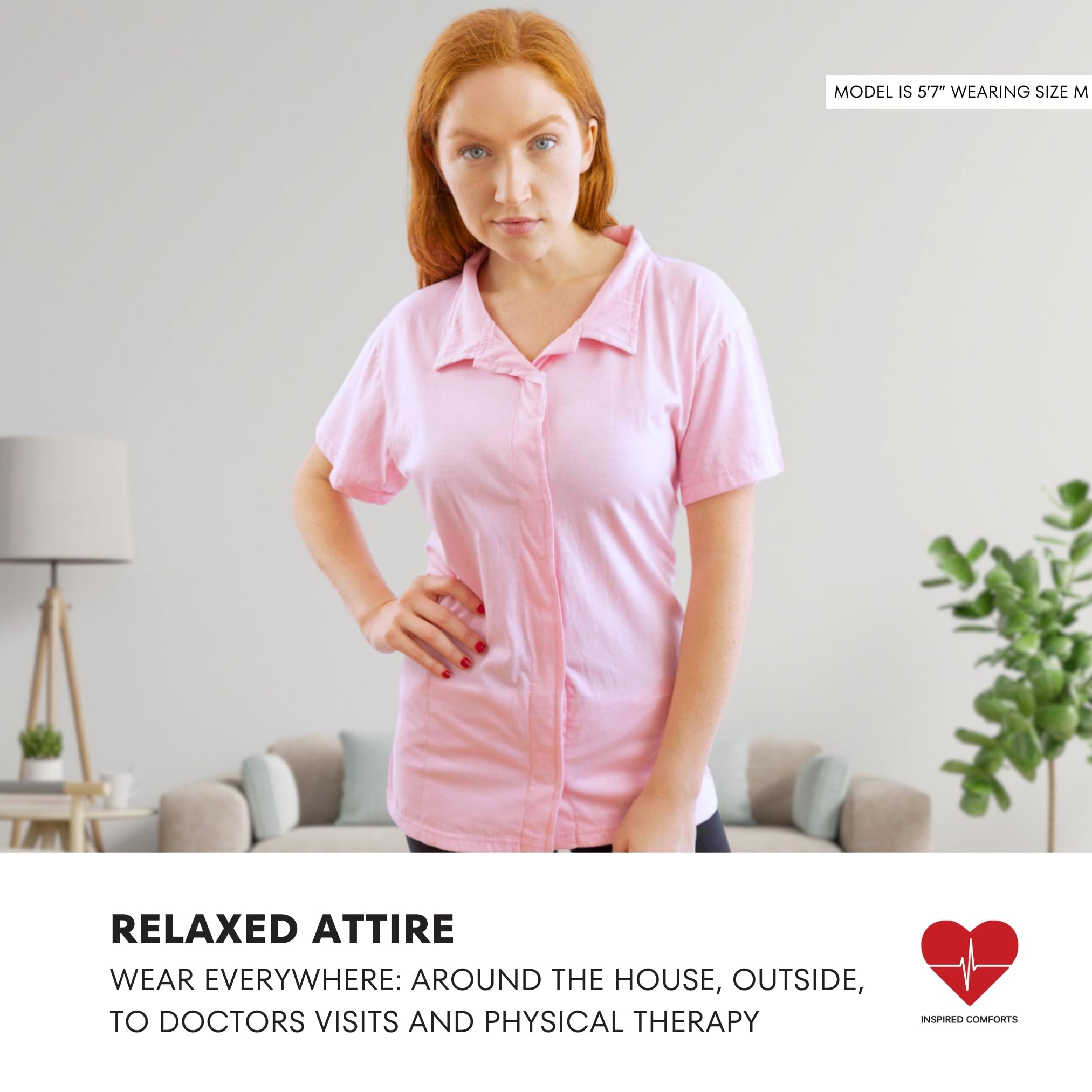 Inspired Comforts post-op top fasteners-detail demonstrates stick-on access and privacy