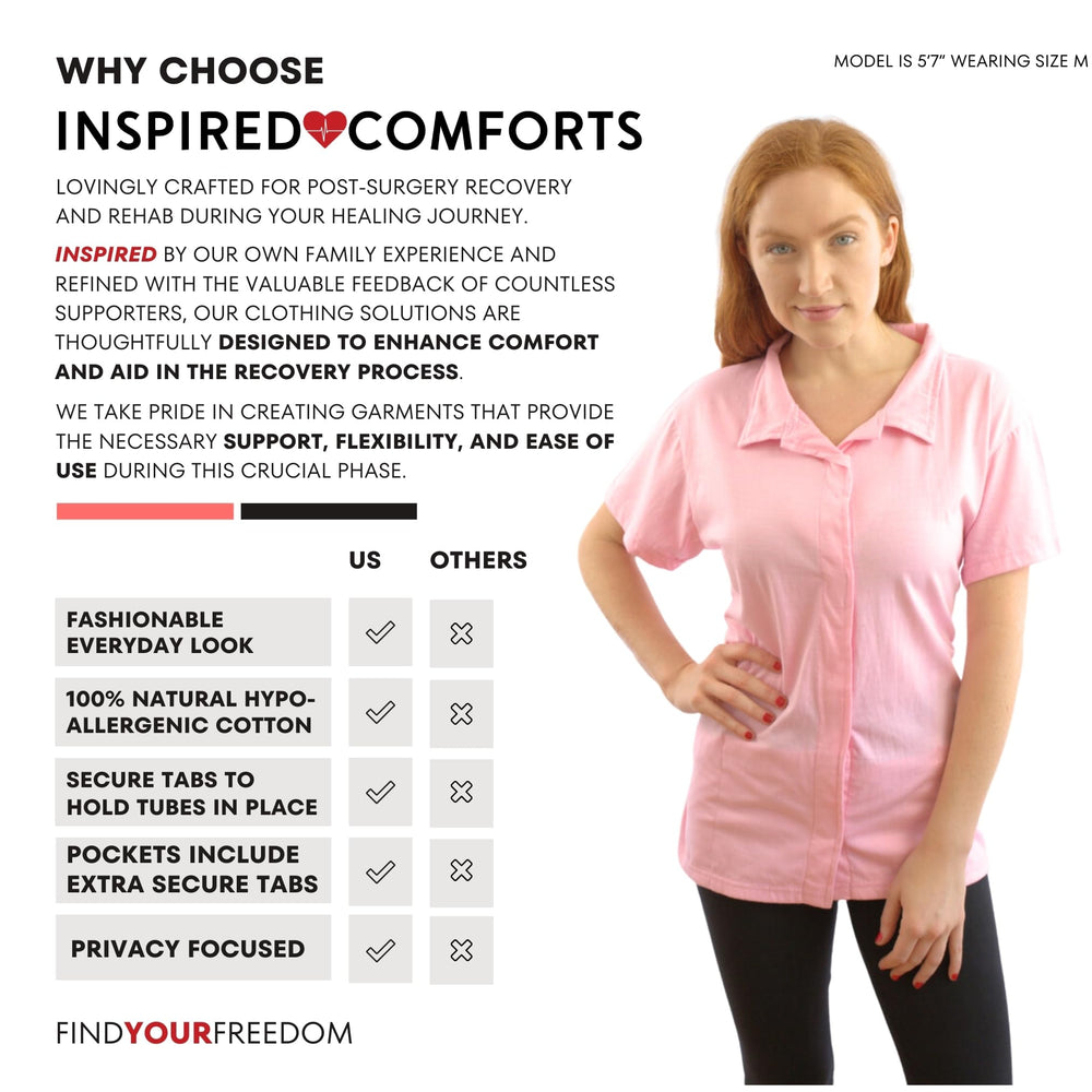 Inspired Comforts post-op top wearability illustrates versatile use at home or in bed