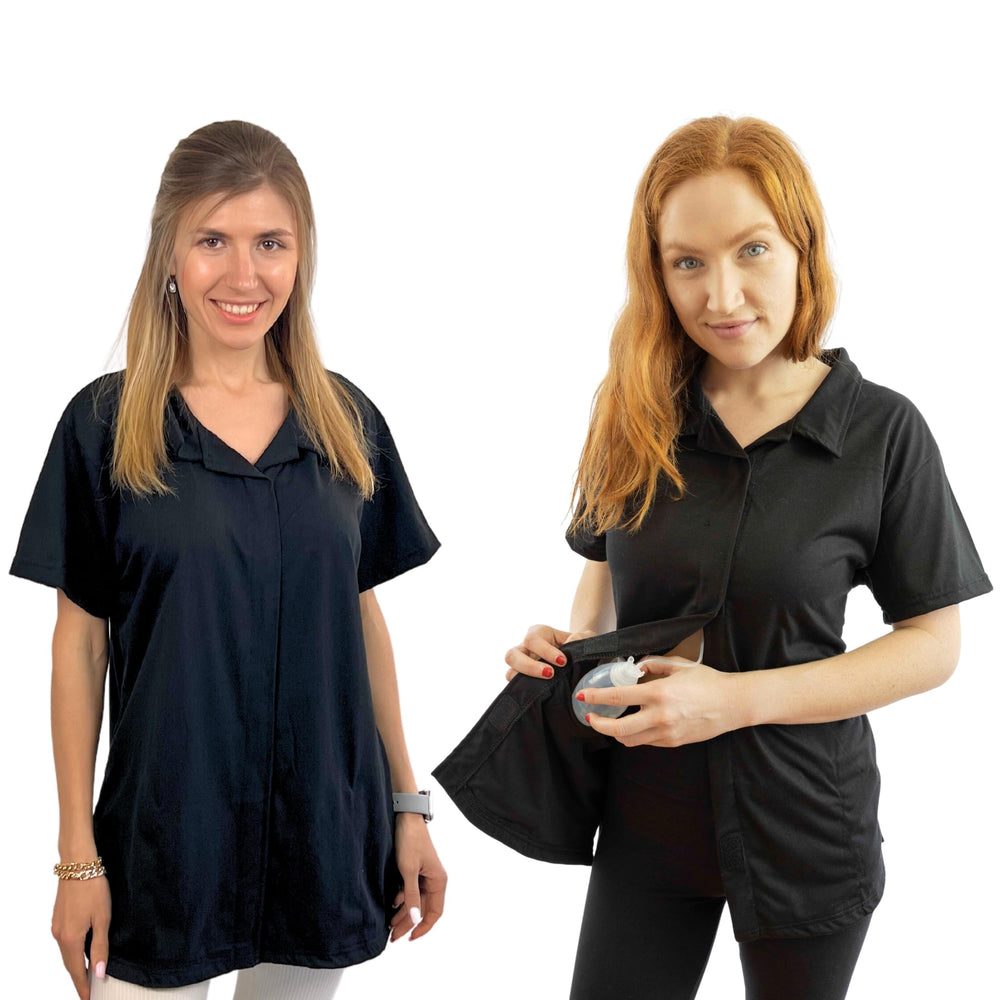 Inspired Comforts post-op recovery top with front-access fasteners for easy dressing changes.