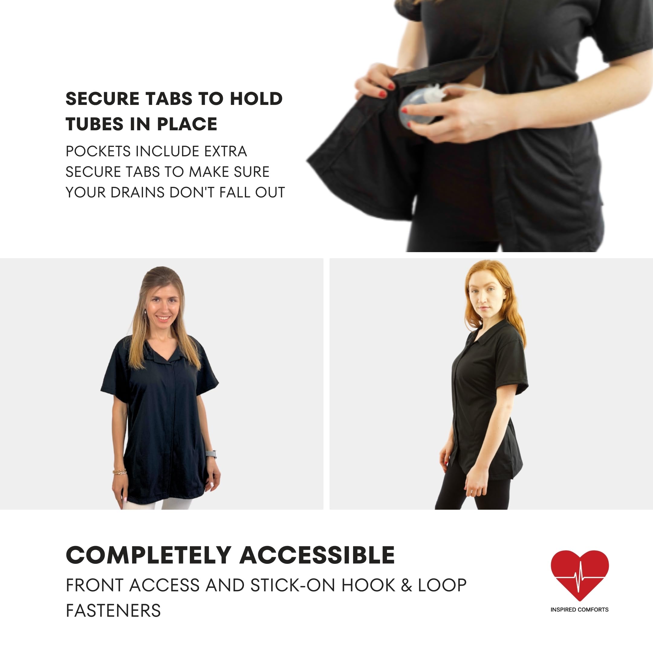 Inspired Comforts post-op top with pockets and drains: secure storage for tubing.
