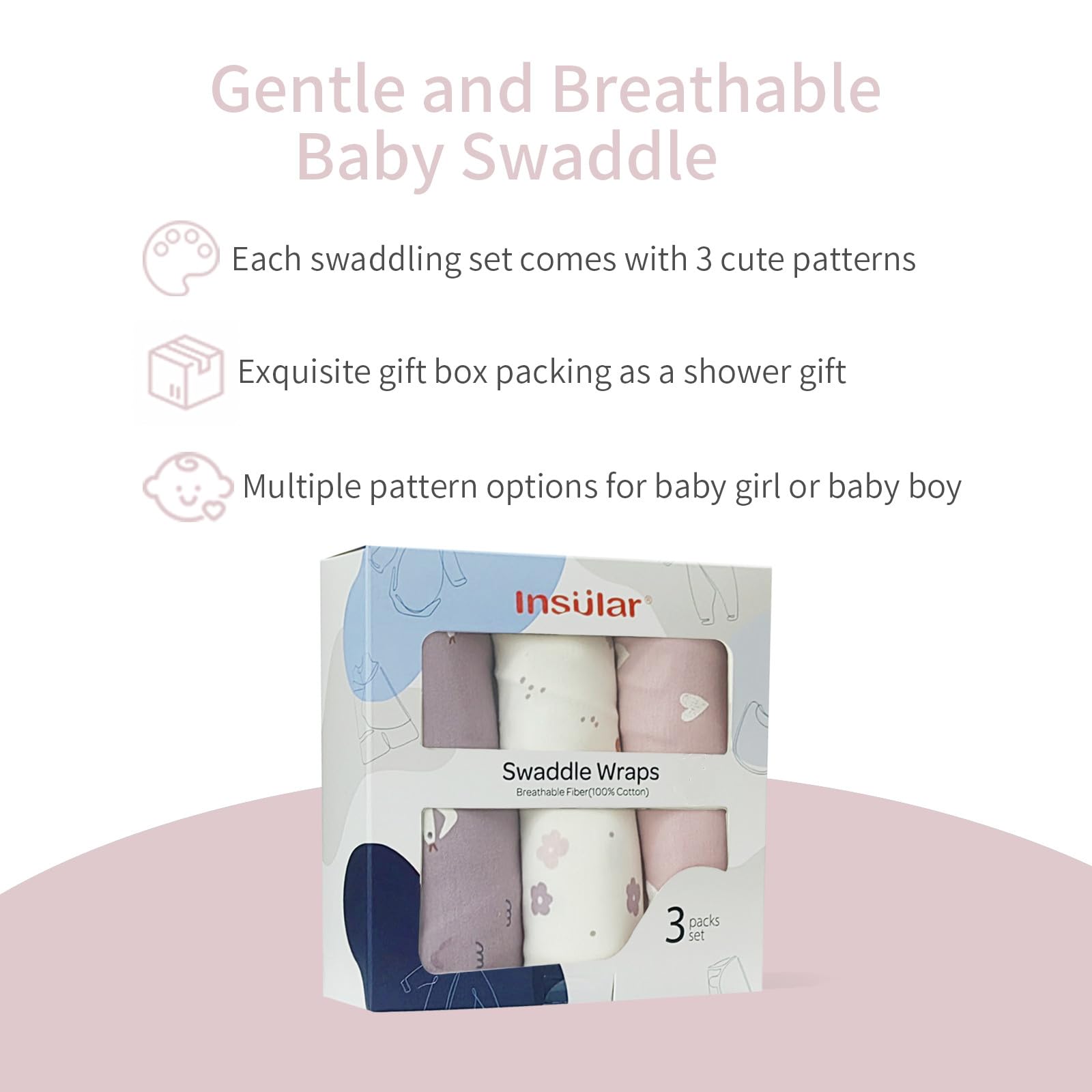 Three-pack Insular swaddles in Seagull style suitable for birth to mid infancy