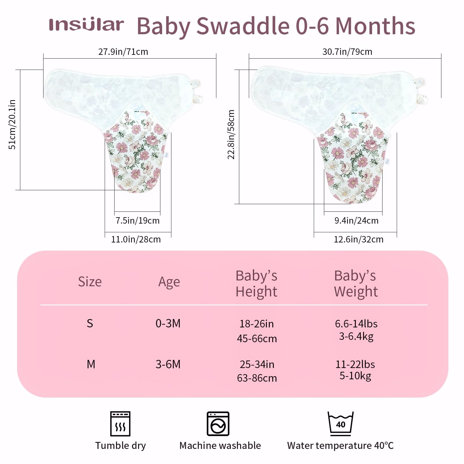 insular small 0-3 month swaddle fits early newborns securely.