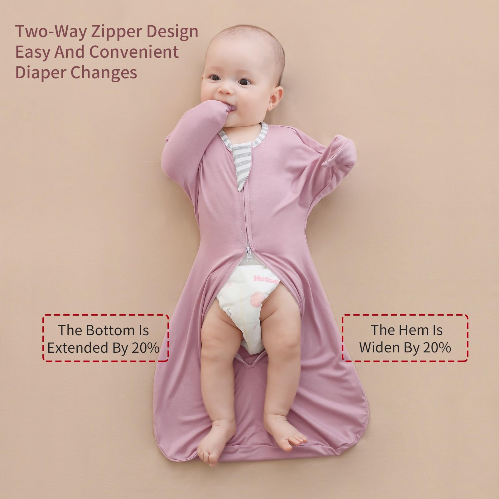 Insular swaddle showcasing 2-way zipper for easy diaper changes.