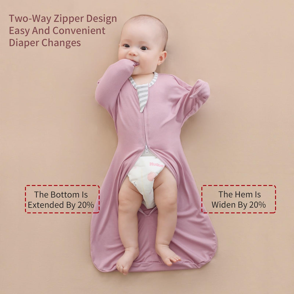 Insular swaddle showcasing 2-way zipper for easy diaper changes.