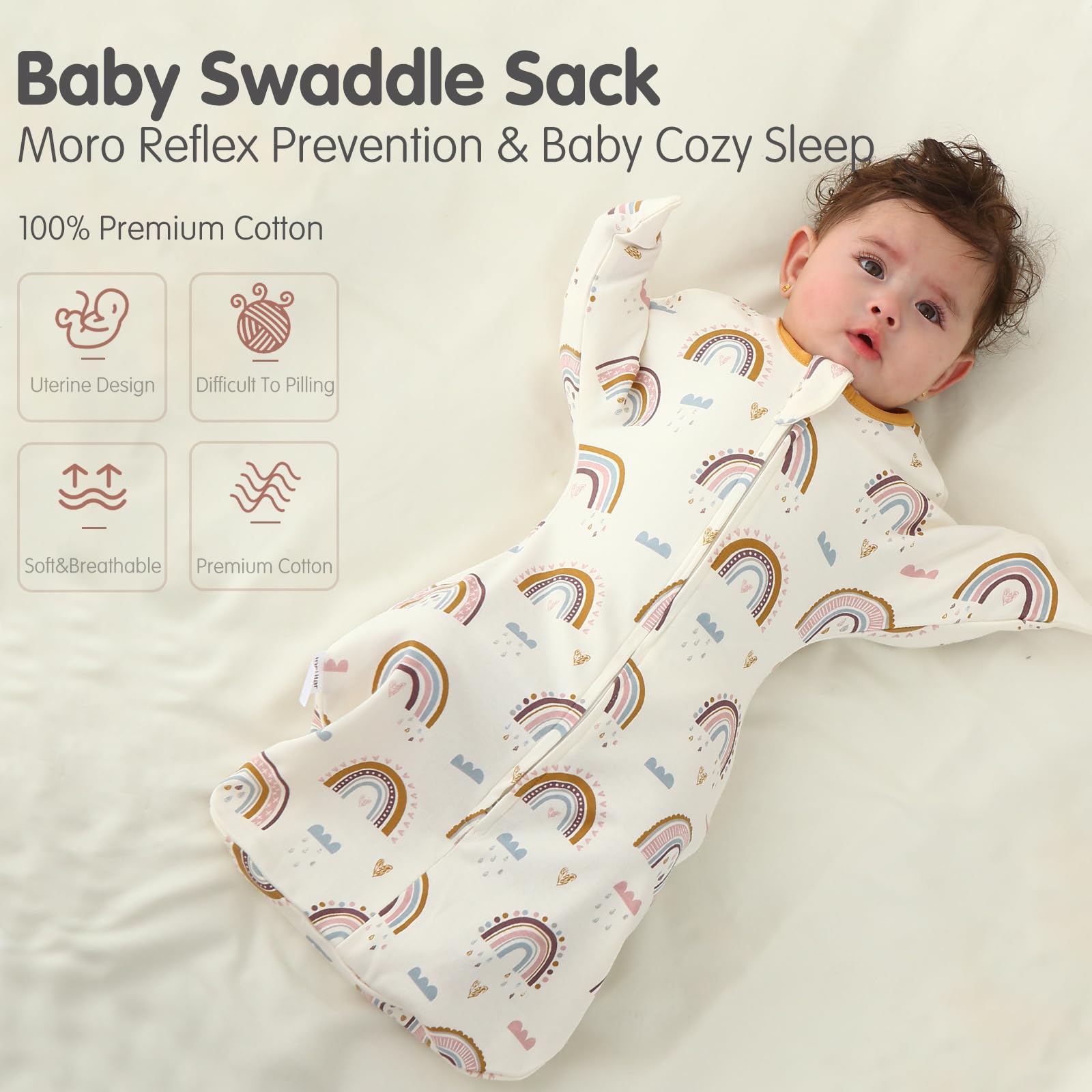 Insular swaddle features 2-way zipper for easy diaper changes without waking the baby.