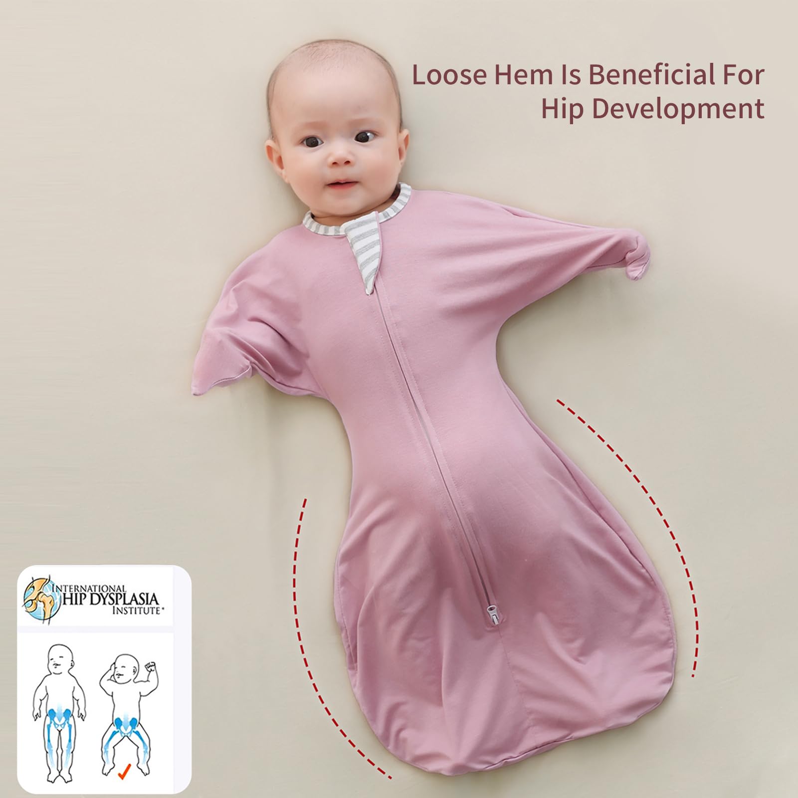 Insular swaddle with widened hem to support leg movement.