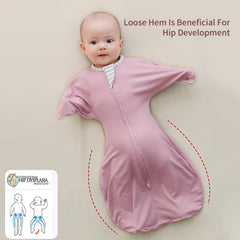 Insular swaddle with widened hem to support leg movement.