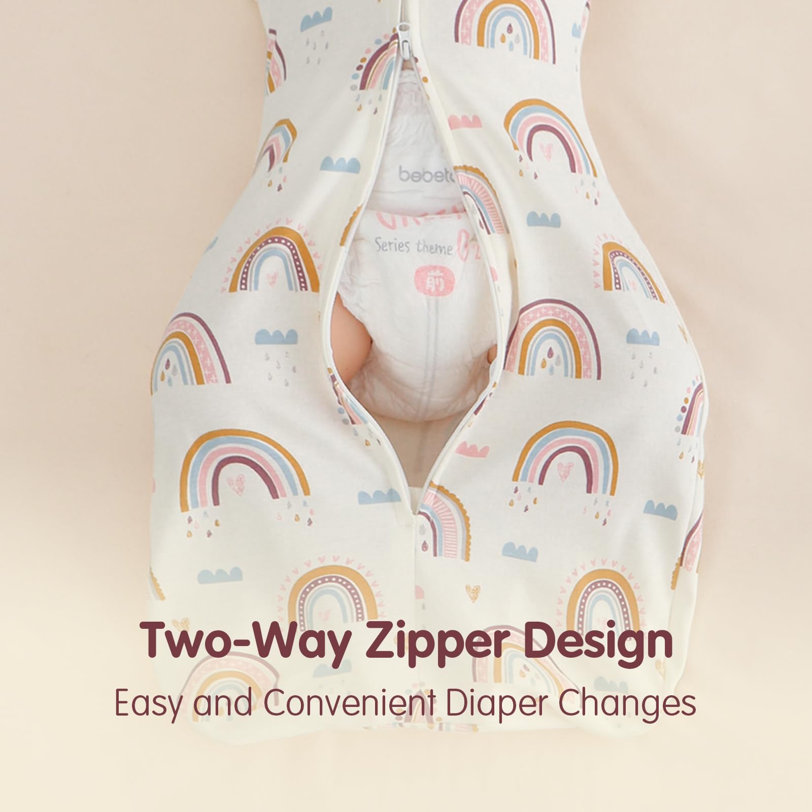 Insular swaddle's widened hem provides room for hips and legs to move freely.