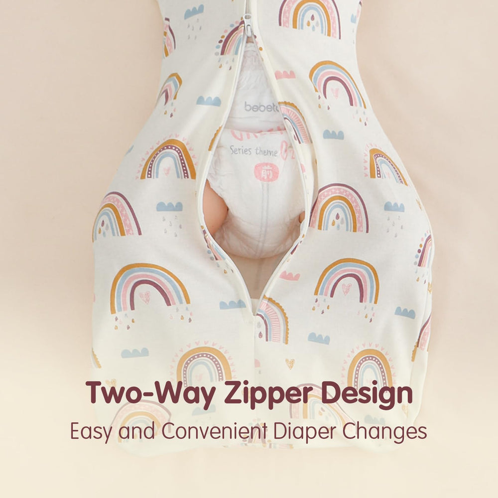 Insular swaddle's widened hem provides room for hips and legs to move freely.