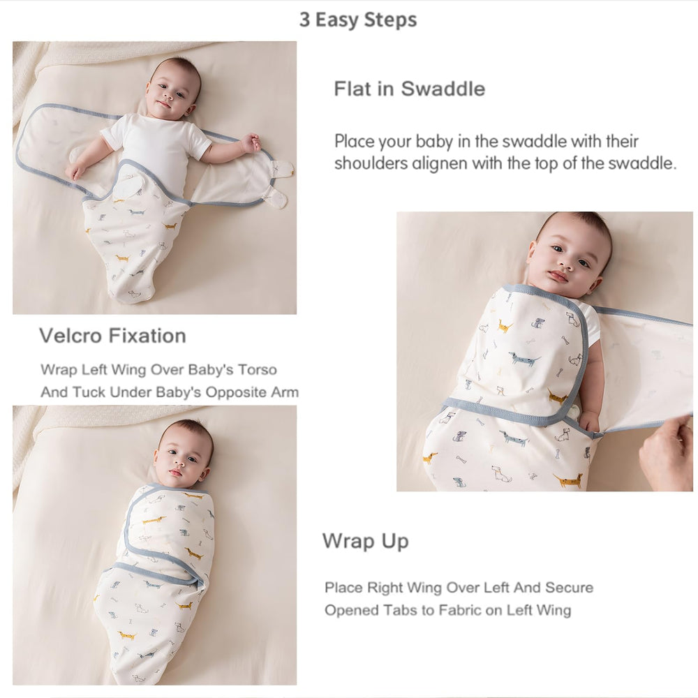 Insular boy and girl styles show versatile swaddle options.