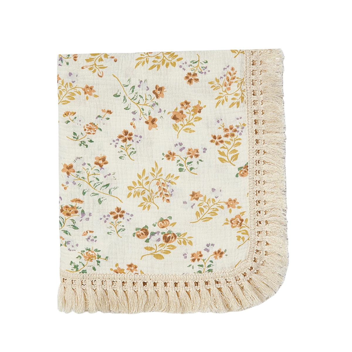 insular cotton muslin baby blanket with tassel in flower print, soft and breathable for daily use