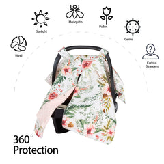 Insular floral canopy with inner minky offers a soft, soothing touch for baby.