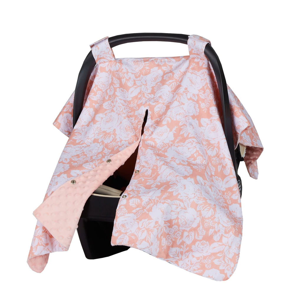 Insular floral car seat cover showing 360° protection for baby during travel
