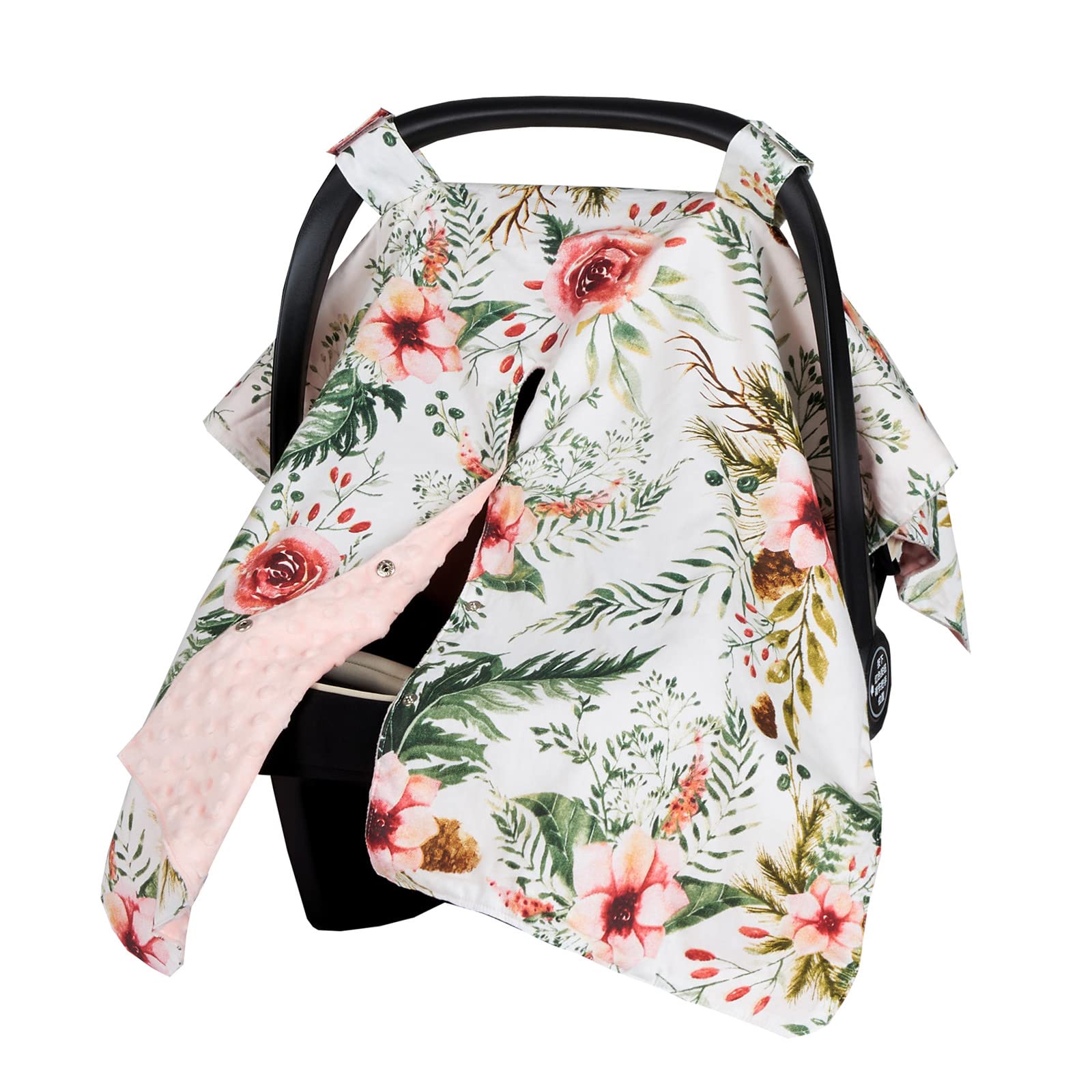 Insular Floral car seat cover in rose protects baby from sun and wind.