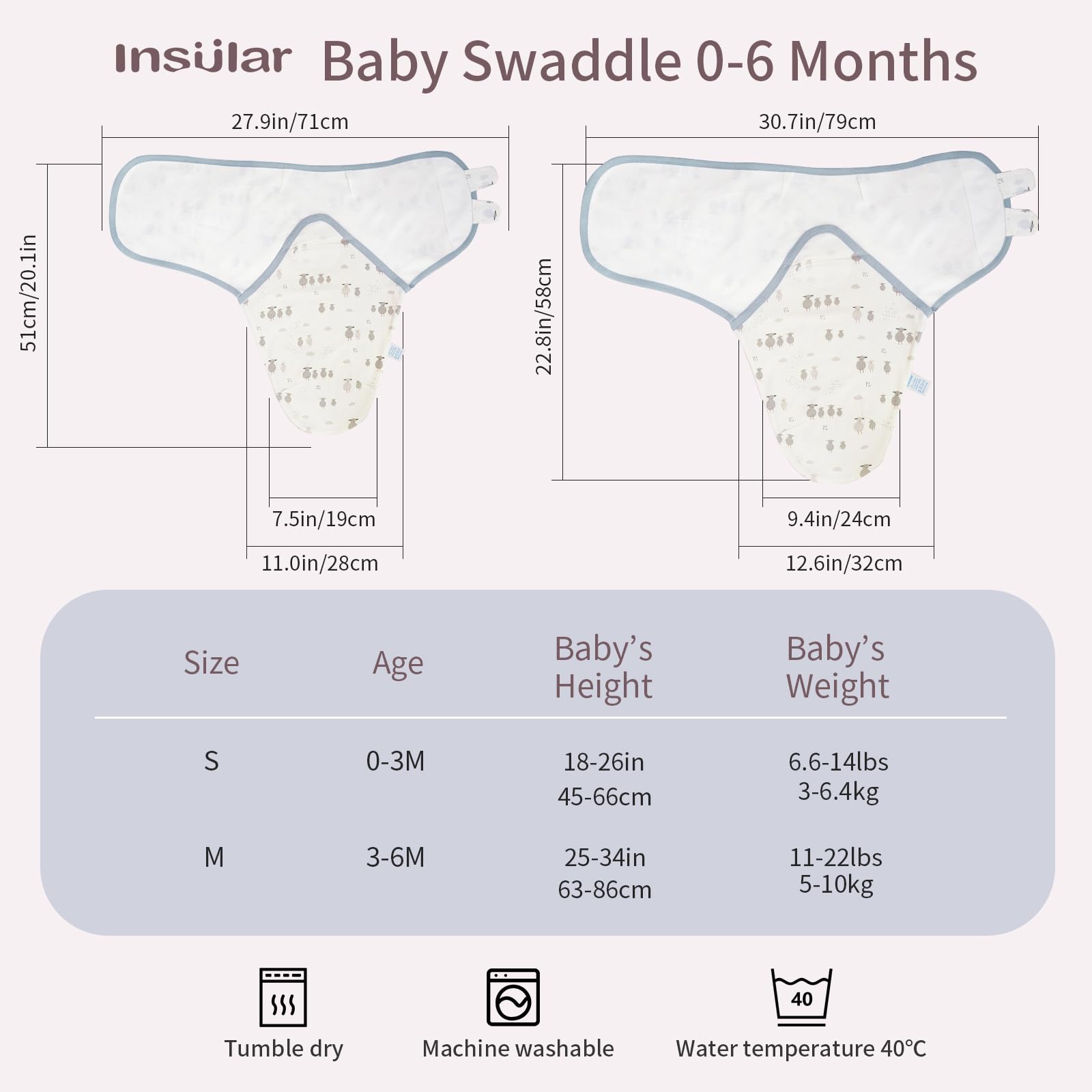 Insular Baby Swaddle Sacks with adjustable Velcro provide a secure, customizable fit.