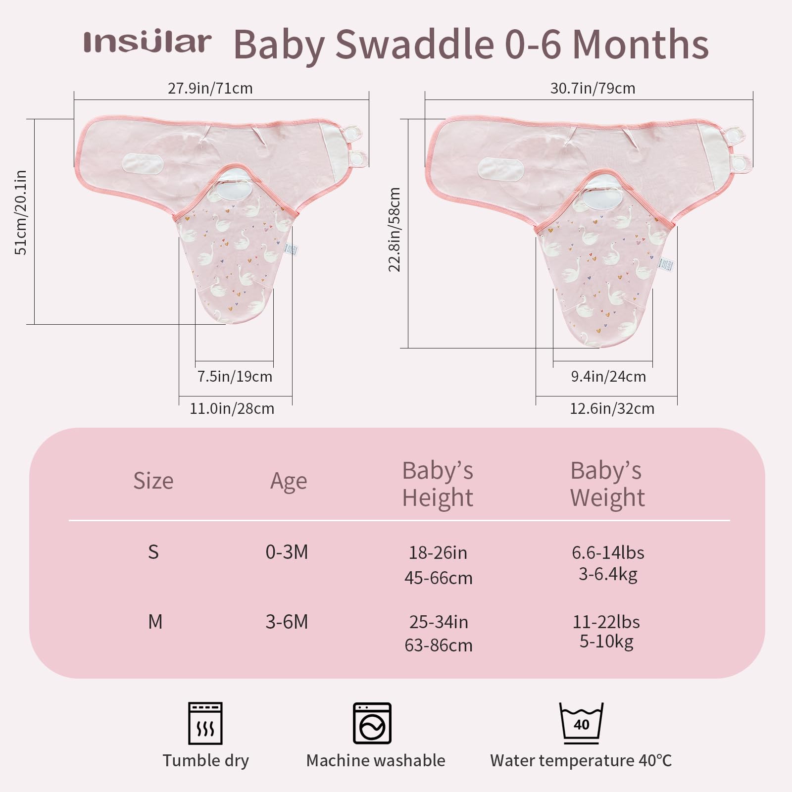 Insular swaddle with soft wings and secure hook-and-loop fastening.