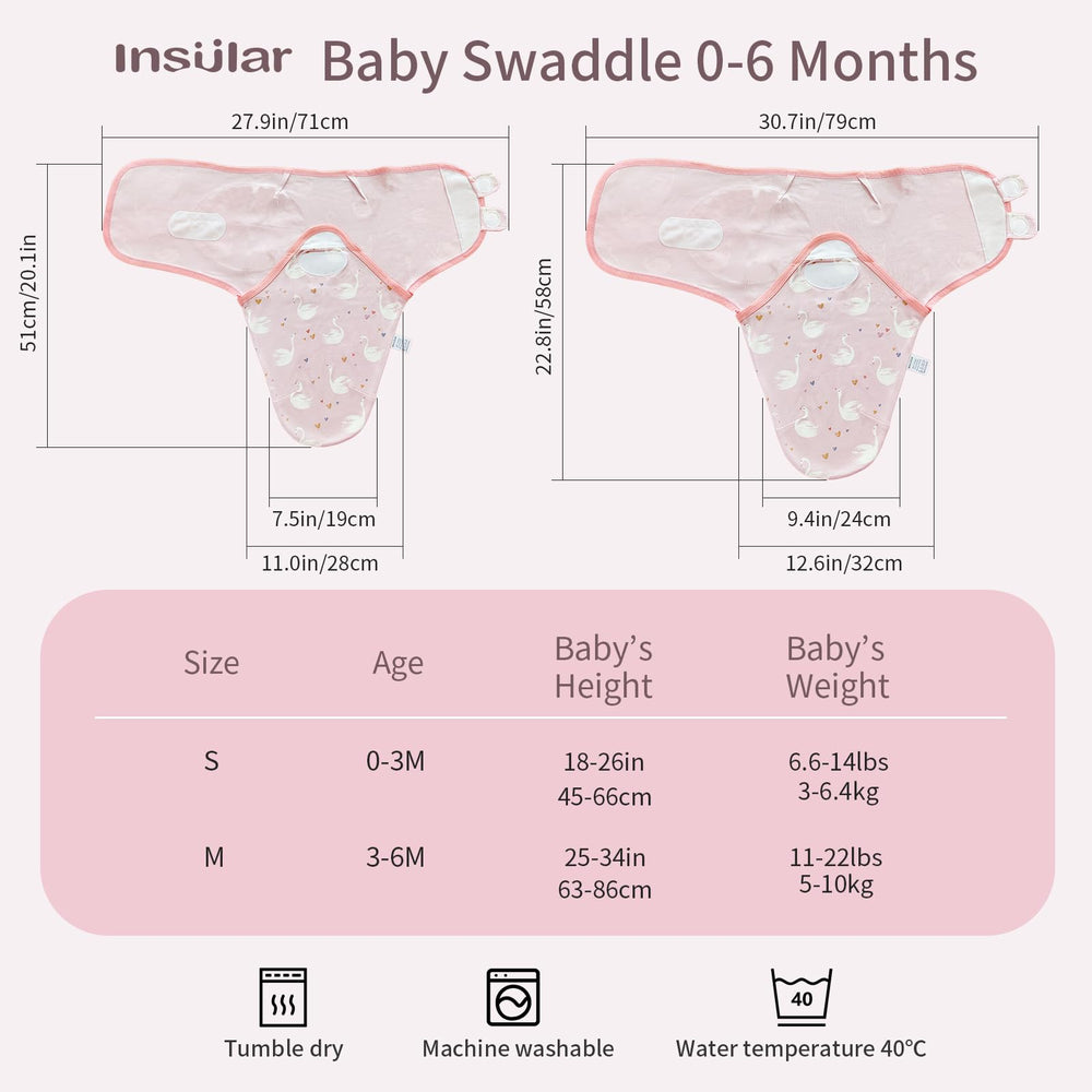 Insular swaddle with soft wings and secure hook-and-loop fastening.