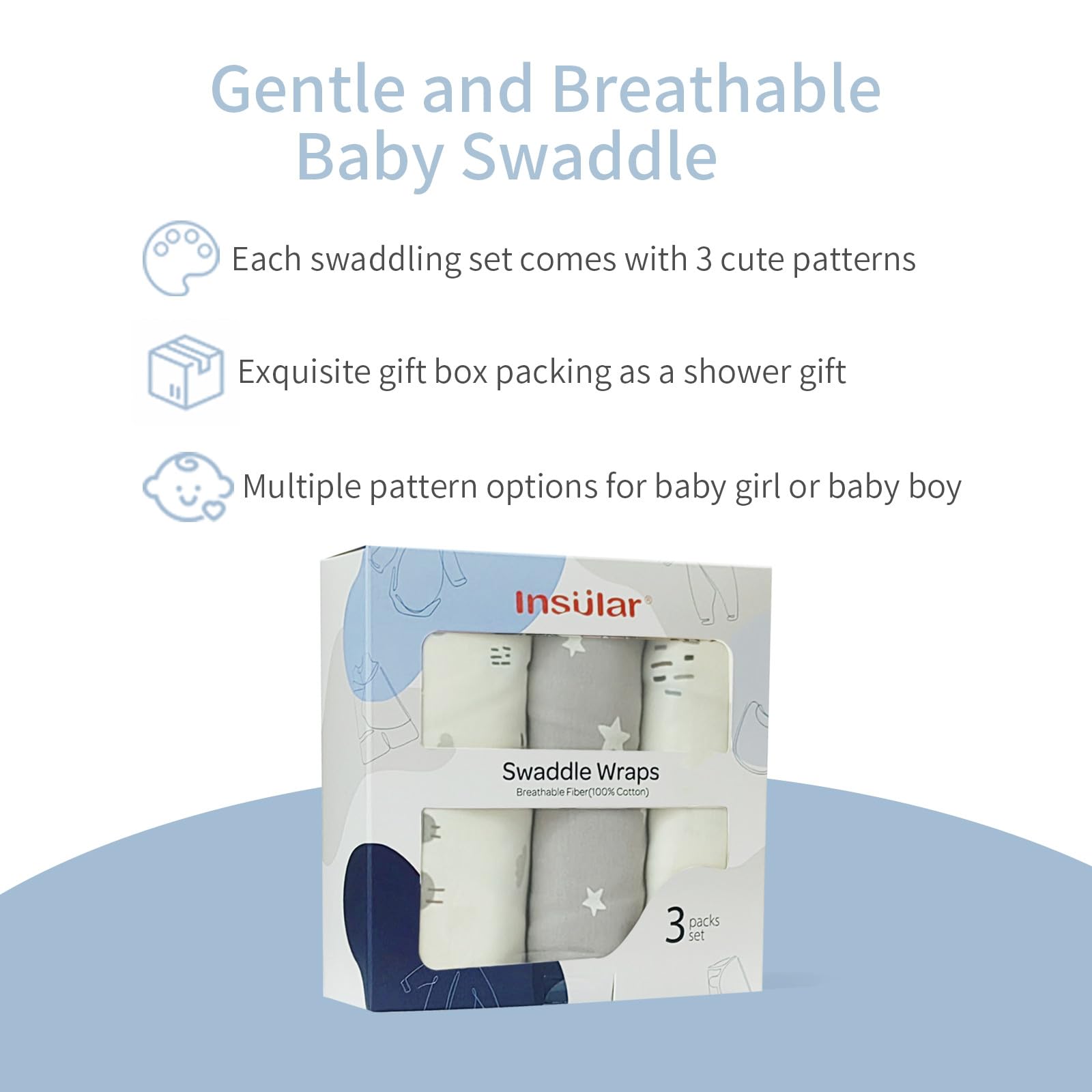 Insular swaddle with adjustable wings and Velcro for secure fit