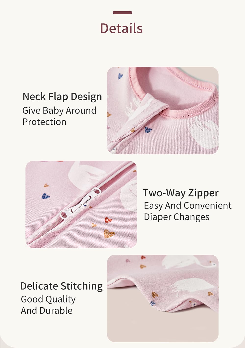 Insular top zipper with chin protection prevents irritation during diaper changes.