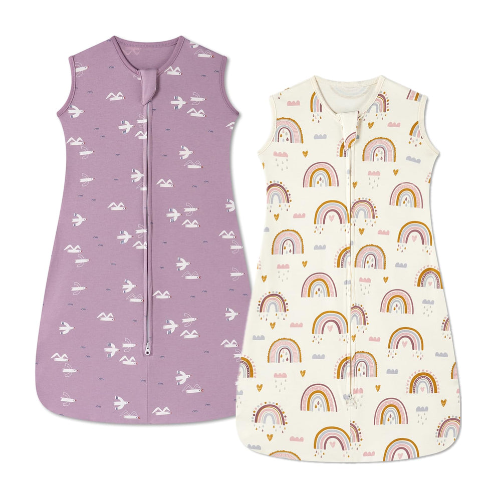 Insular wearable blanket in rainbow seagull pattern offers soft comfort for baby naps.