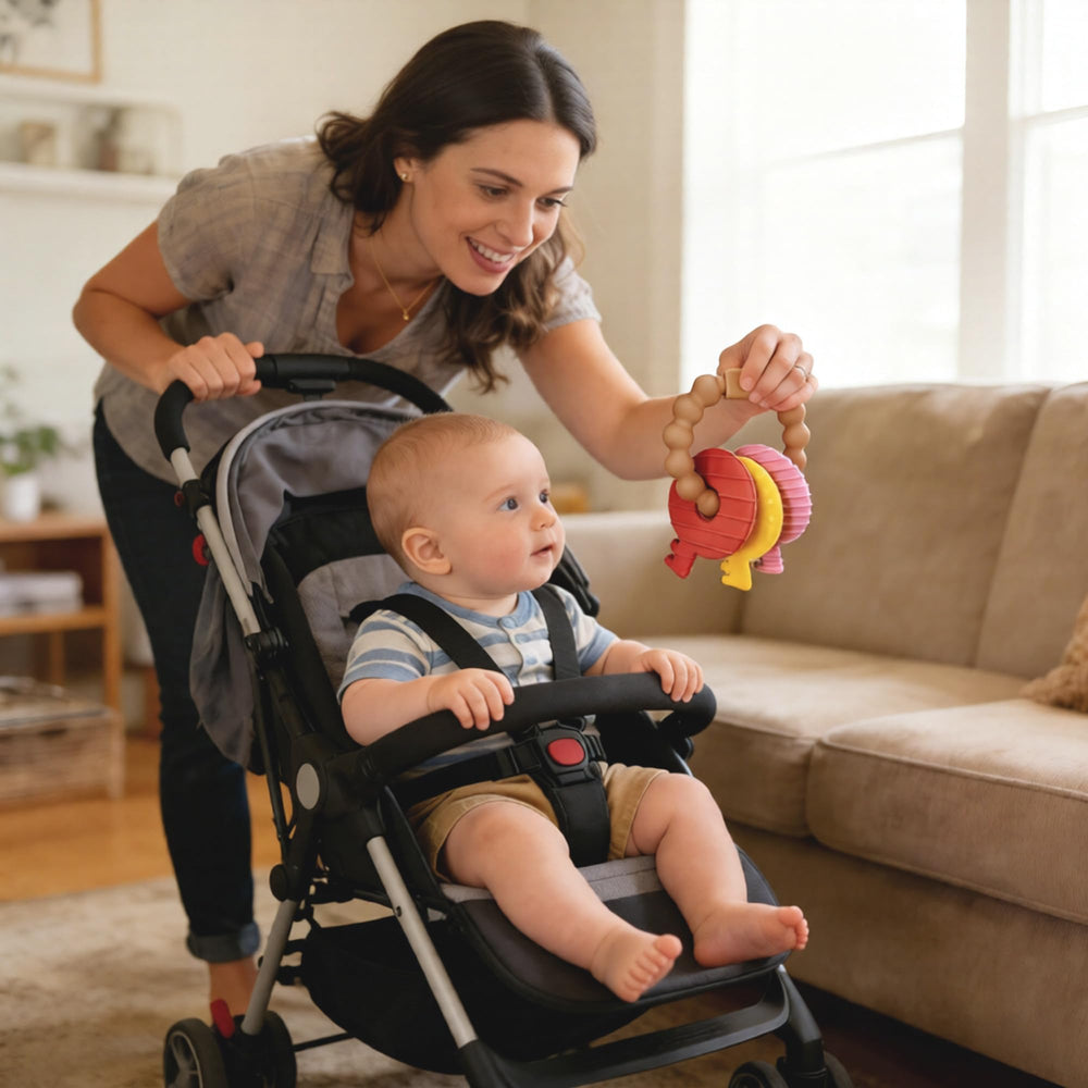 Intatikoo teether features different colors to support visual exploration.