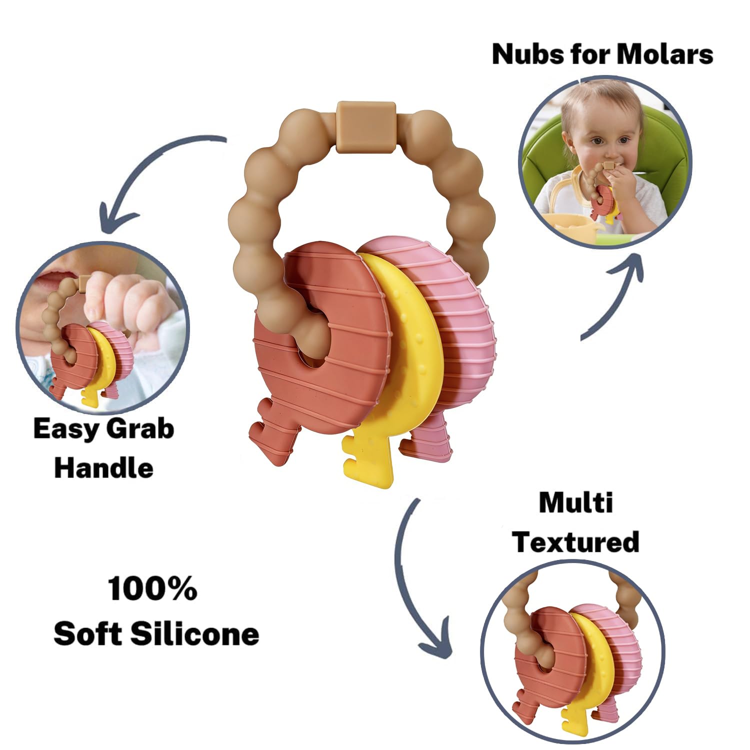 Intatikoo silicone teether with soft material for gentle mouthing.