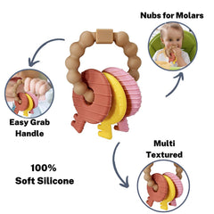 Intatikoo silicone teether with soft material for gentle mouthing.
