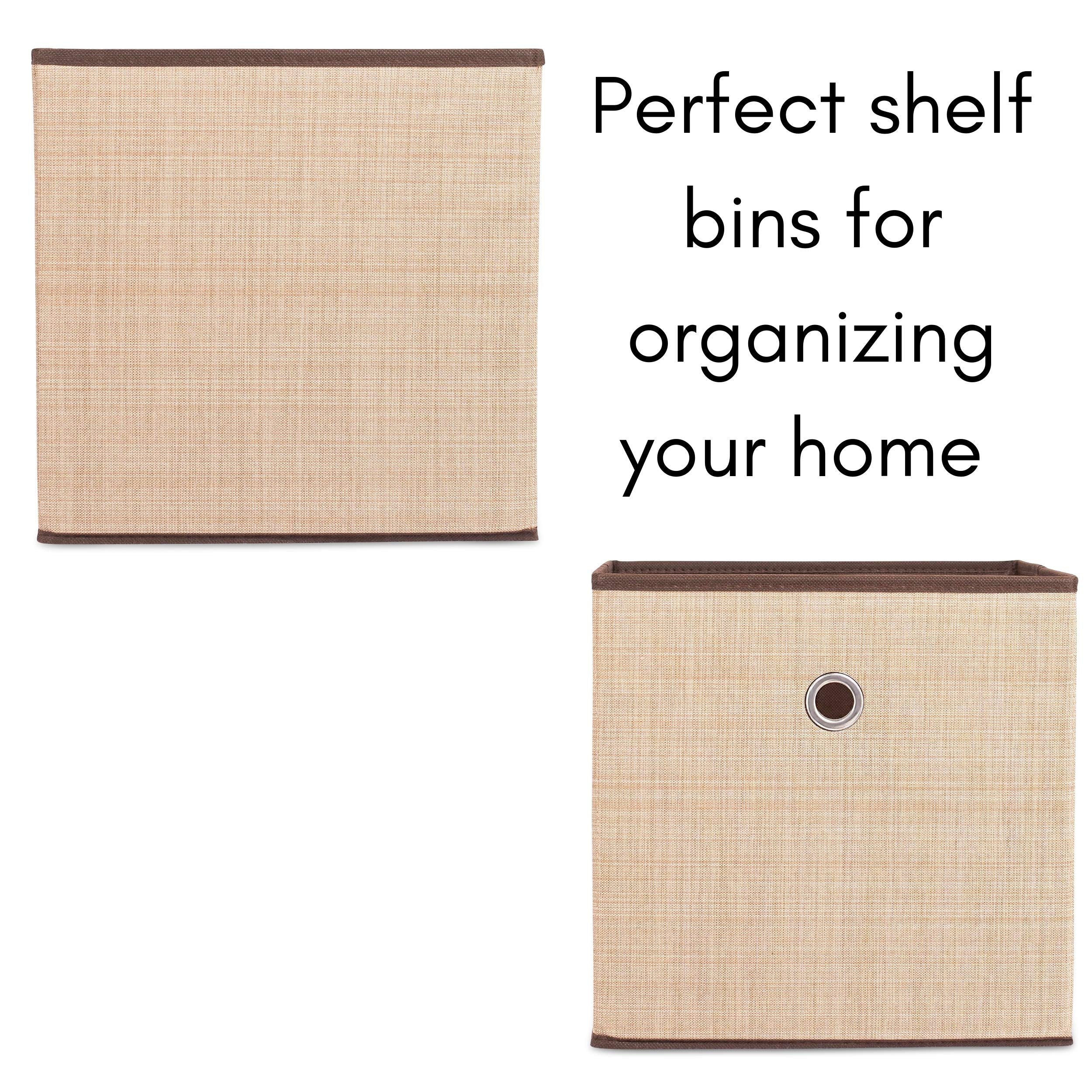 Closet setup with Internet's Best brown bins illustrating versatile storage options.