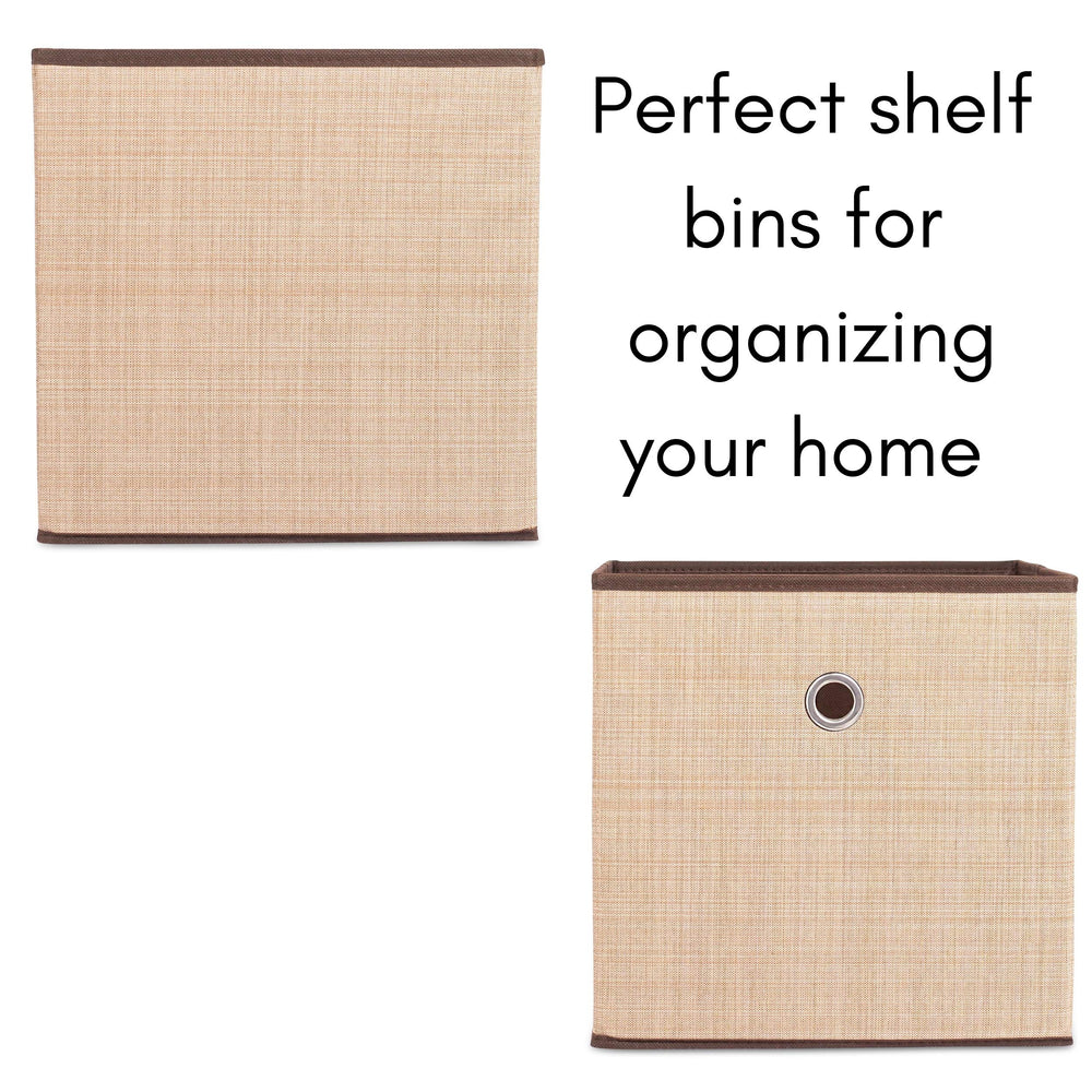 Closet setup with Internet's Best brown bins illustrating versatile storage options.