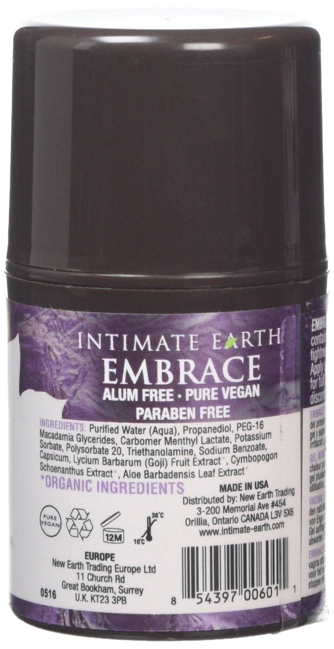 Intimate Earth Embrace Tightening Gel packaging highlighting natural organic extracts.