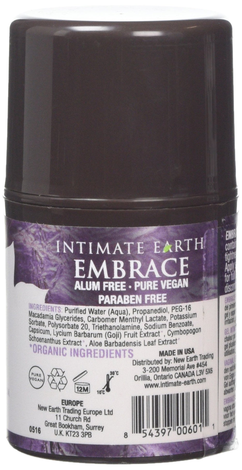 Intimate Earth Embrace Tightening Gel packaging highlighting natural organic extracts.