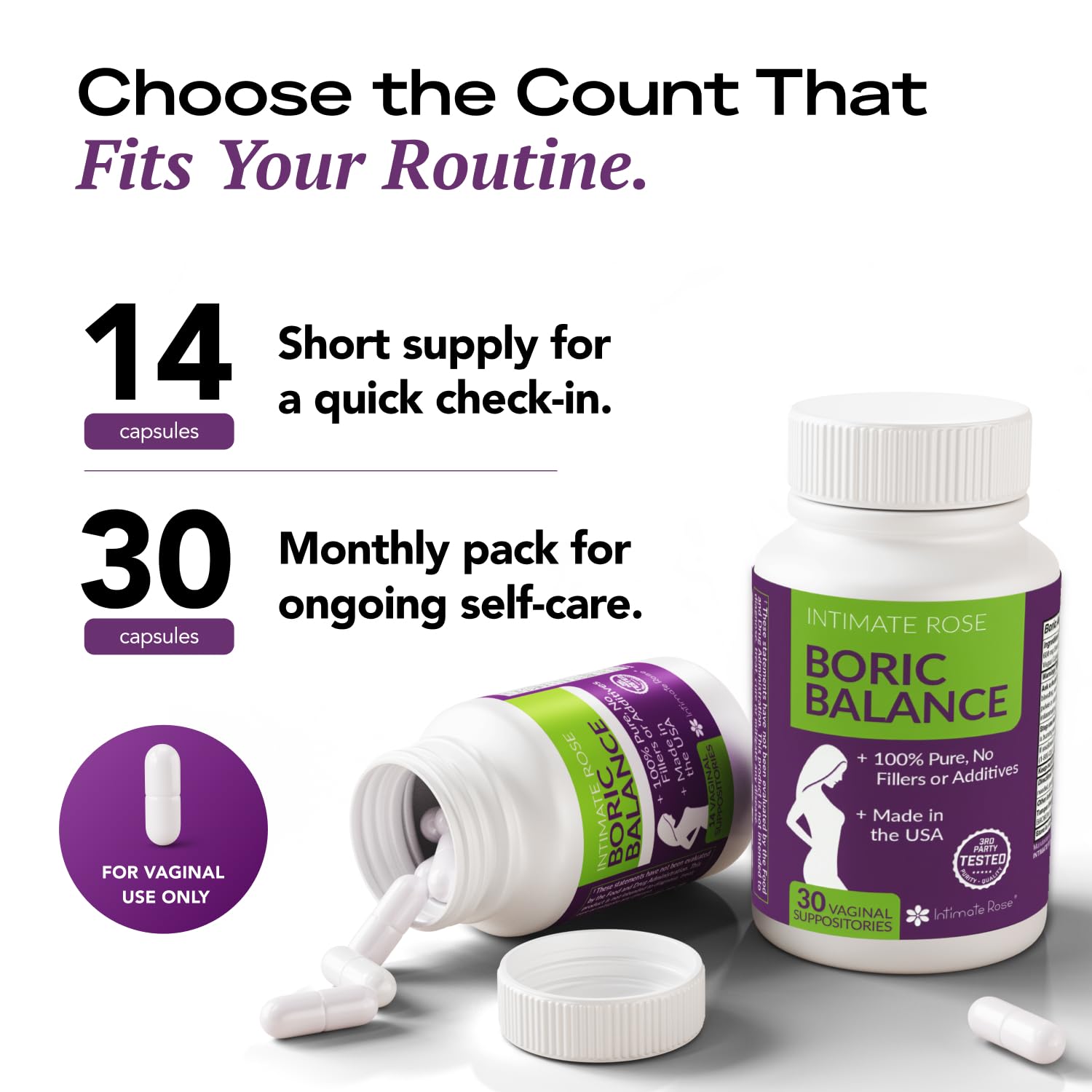 Intimate Rose boric acid suppositories storage scene emphasizes safe home use.