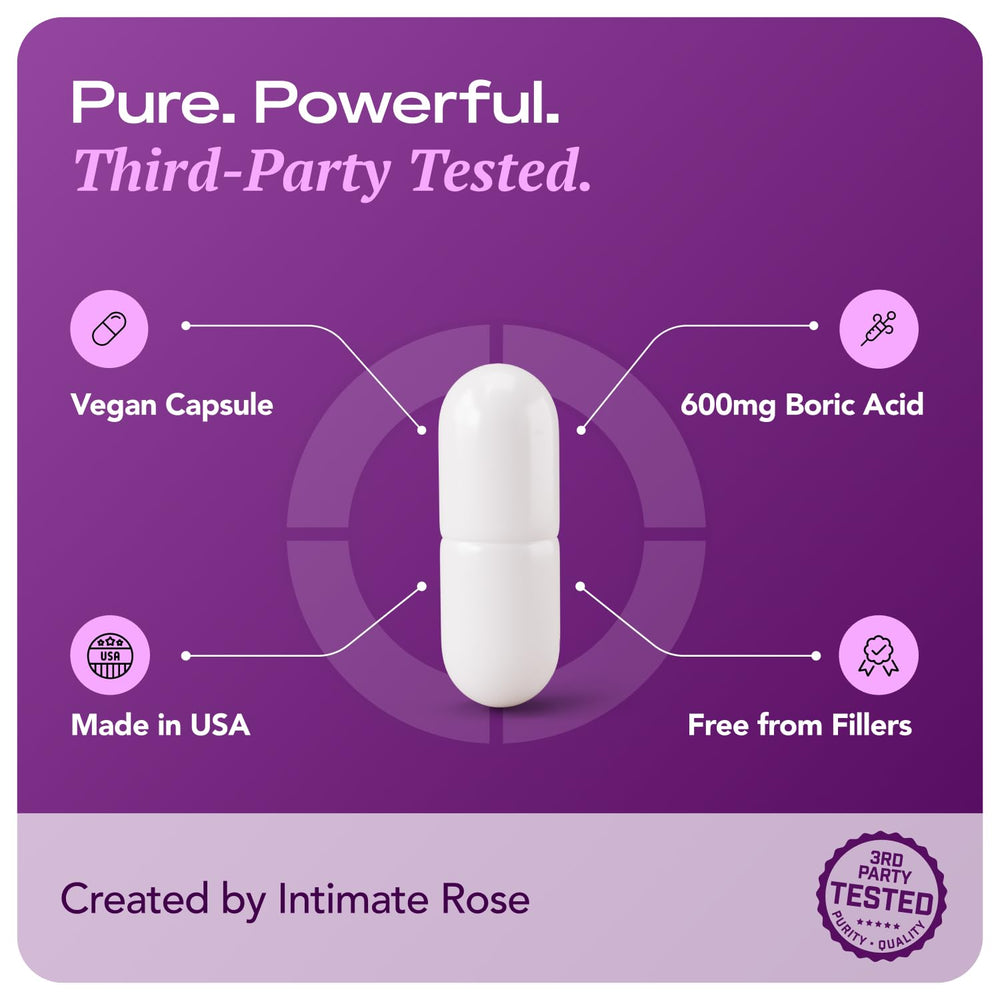 Intimate Rose boric acid suppositories GMP-certified facility label hints at quality.
