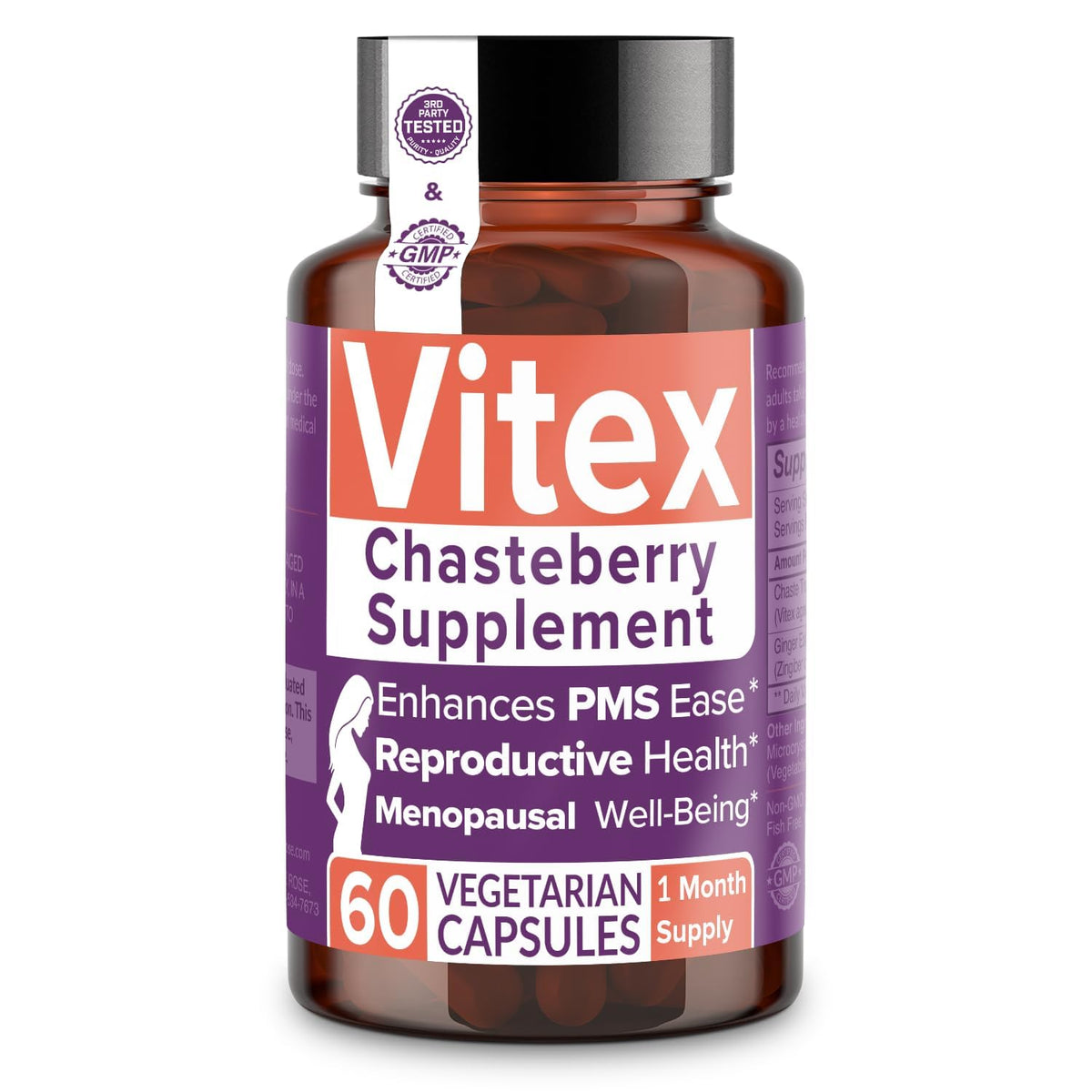Intimate Rose Vitex bottle closeup highlighting hormone balance support.