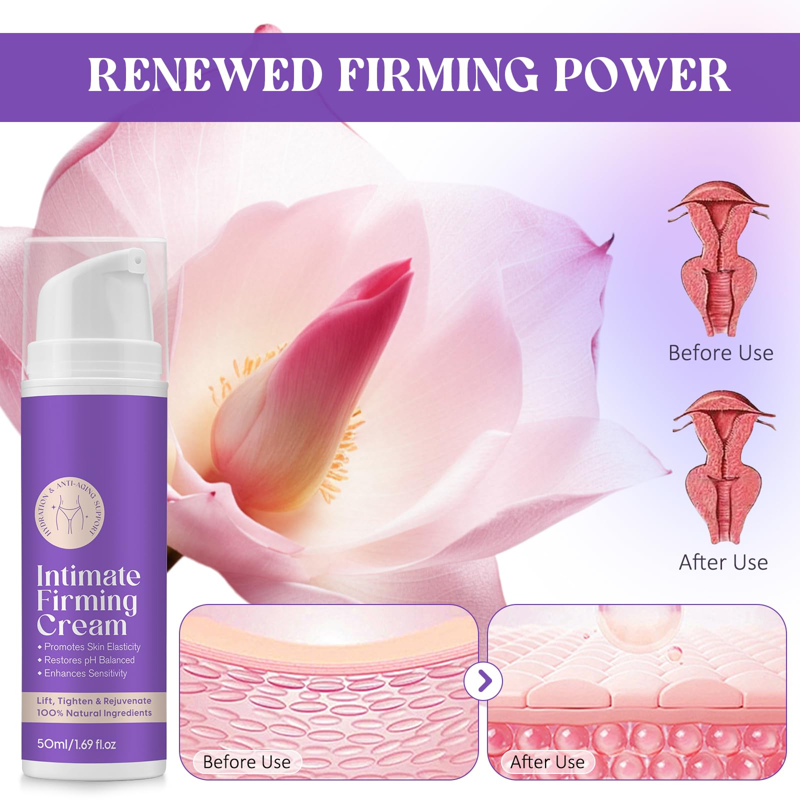 Intimate Tightening Cream packaging on shelf conveys natural-care positioning and quality.
