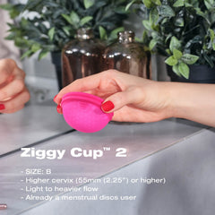 Intimina Ziggy Cup 2 size B adapts for higher cervix comfort.