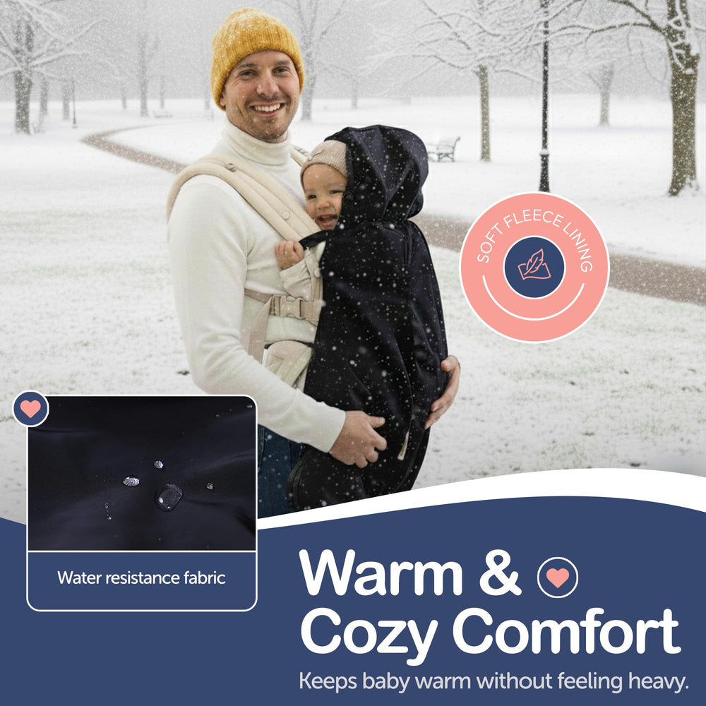 Intimom winter carrier cover in back-facing configuration provides cozy wind protection