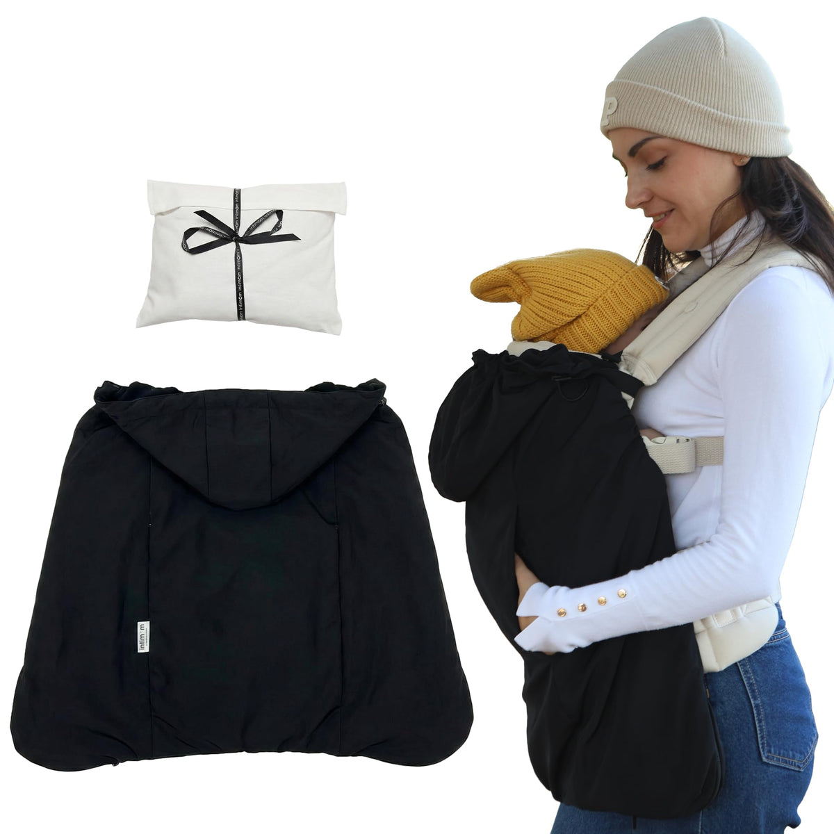 Intimom winter baby carrier cover in front-facing setup keeps baby warm during strolls