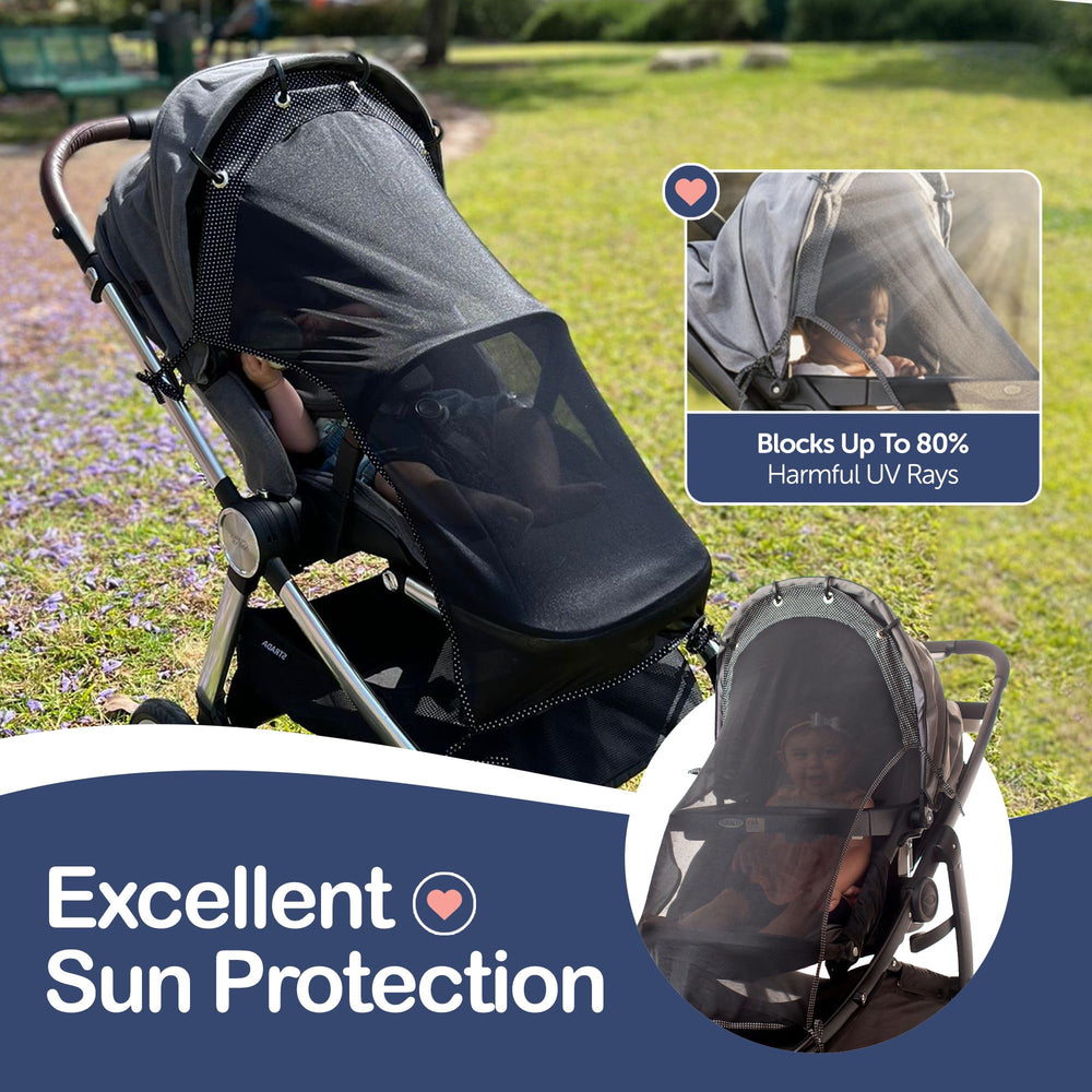 IntiMom universal UV protection cover shows see-through design for supervision.