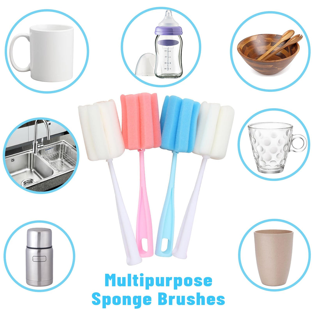 INVODA packaging shows four bottle brushes and four nipple brushes with hang holes for drying.