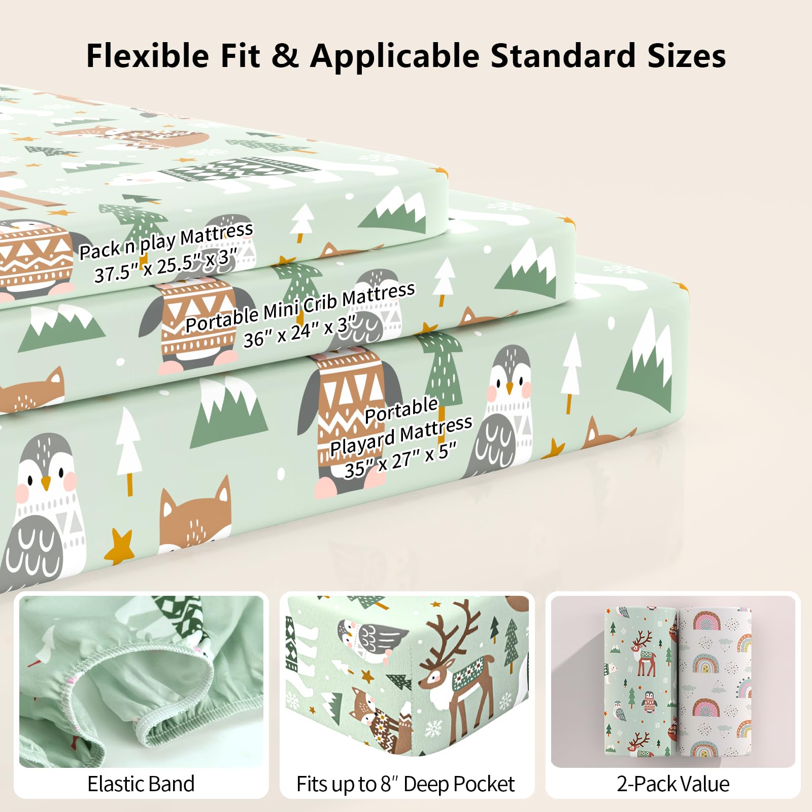 IOCCLH fitted Pack N Play sheet fits 38-by-26-by-5 inch mattress with 360 wrap