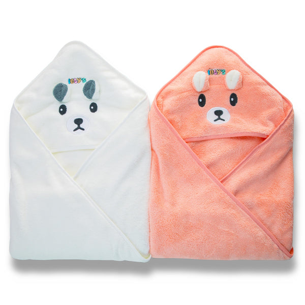 Ioly's hooded baby towel in white and orange; plush fabric for gentle drying.