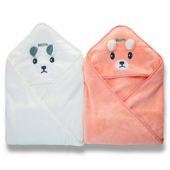 Ioly's hooded baby towel in white and orange; plush fabric for gentle drying.