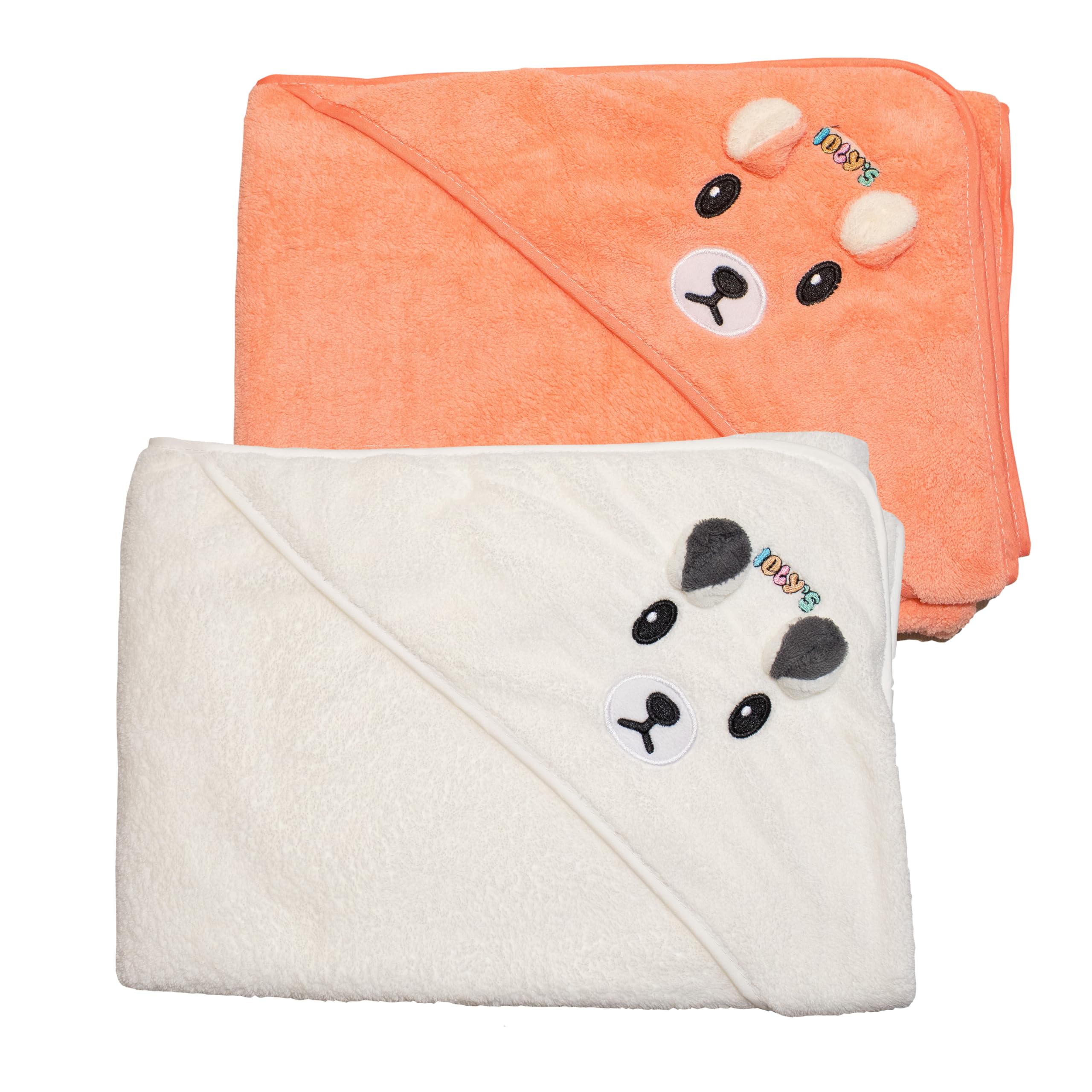 White and orange Ioly's hooded towel wrapped around a baby.