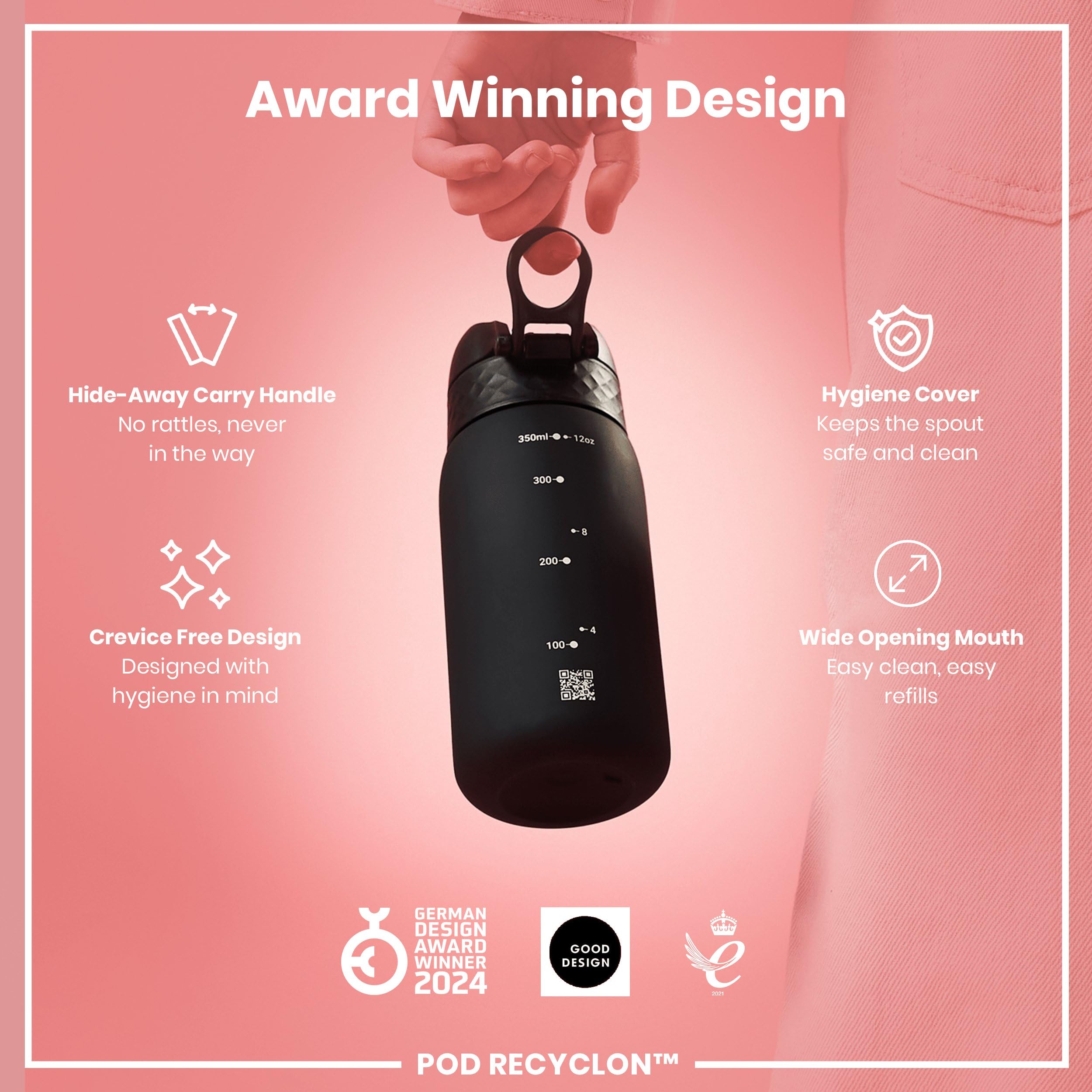 Ion8 350 ml compact bottle fits cup holders.
