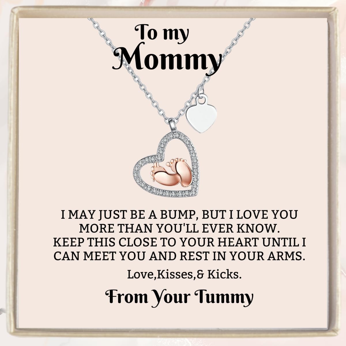 IPINK baby feet heart necklace in gift box, ready for gifting to a new mom
