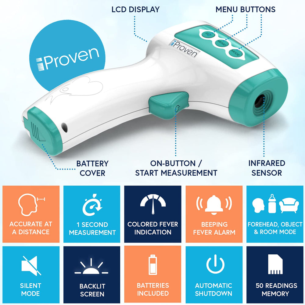 iProvèn no-contact thermometer in use with child, safe distant temperature checks